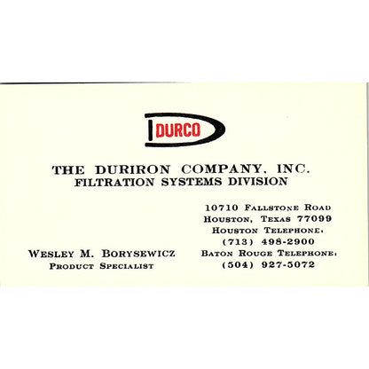 The Duriron Company Wesley M. Borysewicz Houston TX Vintage Business Card SB4-B3