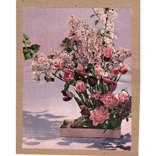 Retro Kitsch Pink Roses and Lilac Bouquet Vintage Art Print 7x9 V6