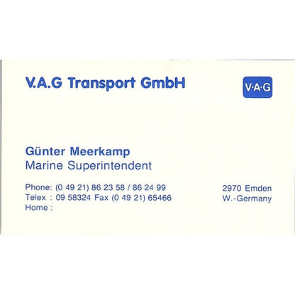 Günter Meerkamp V.A.G. Transport West Germany Vintage Business Card SD9-B8