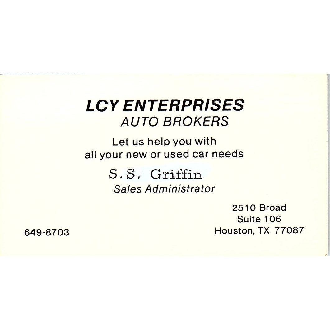 S.S. Griffin LCY Enterprises Auto Brokers Houston Vintage Business Card SC9-B7