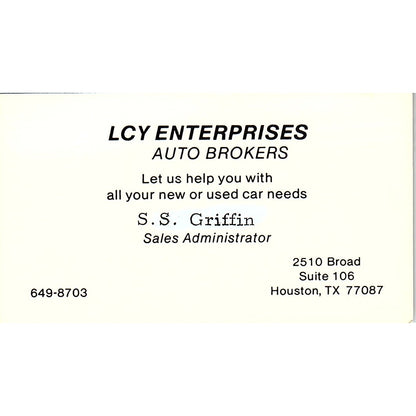 S.S. Griffin LCY Enterprises Auto Brokers Houston Vintage Business Card SC9-B7