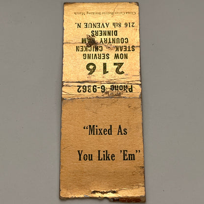 216 Restaurant 216 8th Ave N. Vintage Matchbook MB59-1