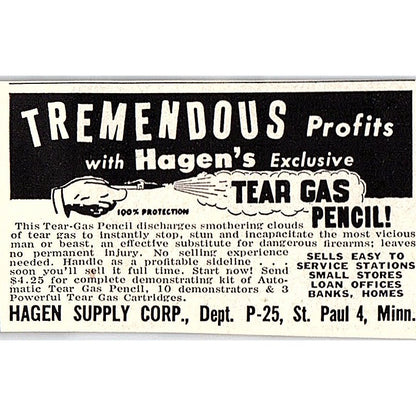 Hagen's Tear Gas Pencil - Hagen Supply Corp St. Paul MN 1955 Ad AF9-S7