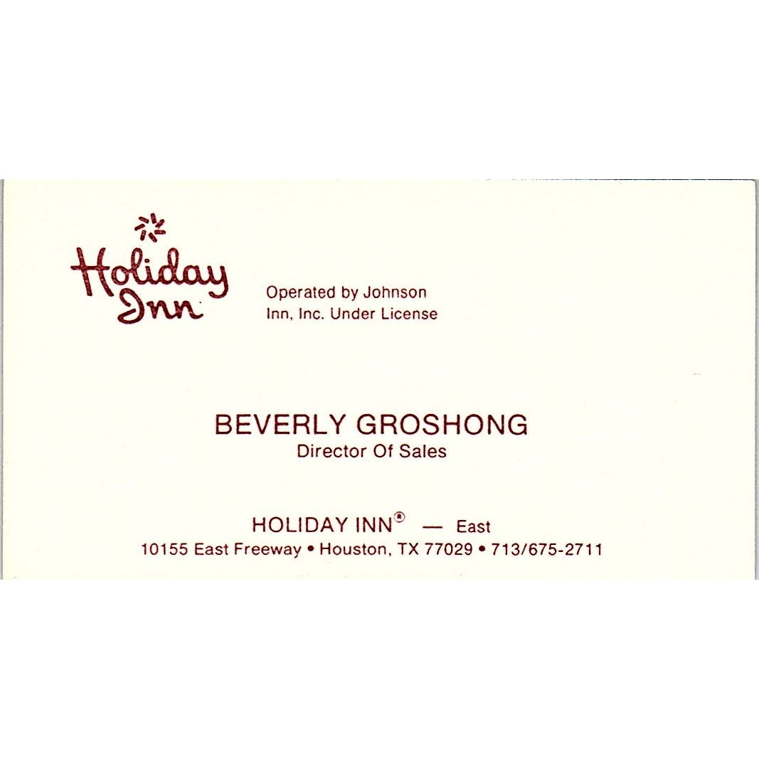 Beverly Groshong Holiday Inn Houston Vintage Business Card SC9-B3