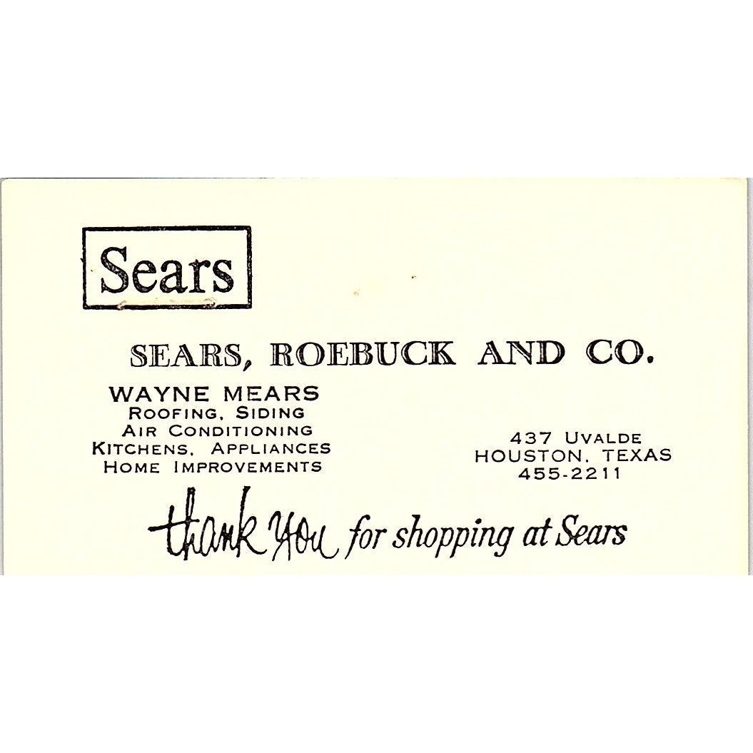 Sears Roebuck and Co Wayne Mears Houston TX Vintage Business Card SB4-B8