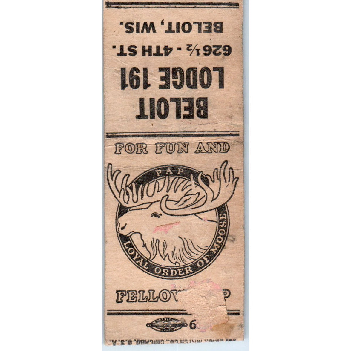 Loyal Order of Moose Lodge 191 Beloit WI Vintage Matchbook Cover SD4-Y13