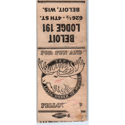 Loyal Order of Moose Lodge 191 Beloit WI Vintage Matchbook Cover SD4-Y13