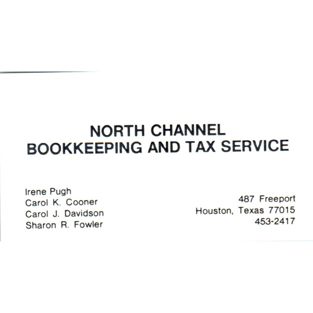 North Channel Bookkeeping Irene Pugh Houston TX Vintage Business Card SD8-B9