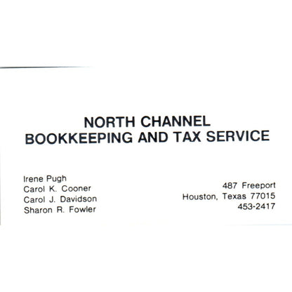 North Channel Bookkeeping Irene Pugh Houston TX Vintage Business Card SD8-B9