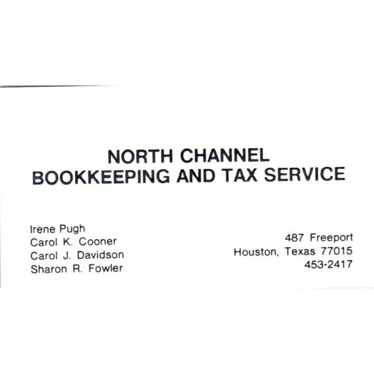 North Channel Bookkeeping Irene Pugh Houston TX Vintage Business Card SD8-B9