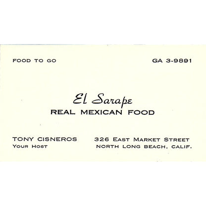 Tony Cisneros El Sarape Mexican Food Long Beach Vintage Business Card SD9-B11