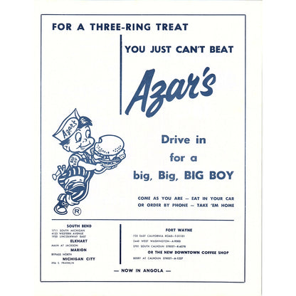 Azar's Big Boy Restaurant South Bend Elkhart Marion Fort Wayne IN 1964 Ad AG1-9