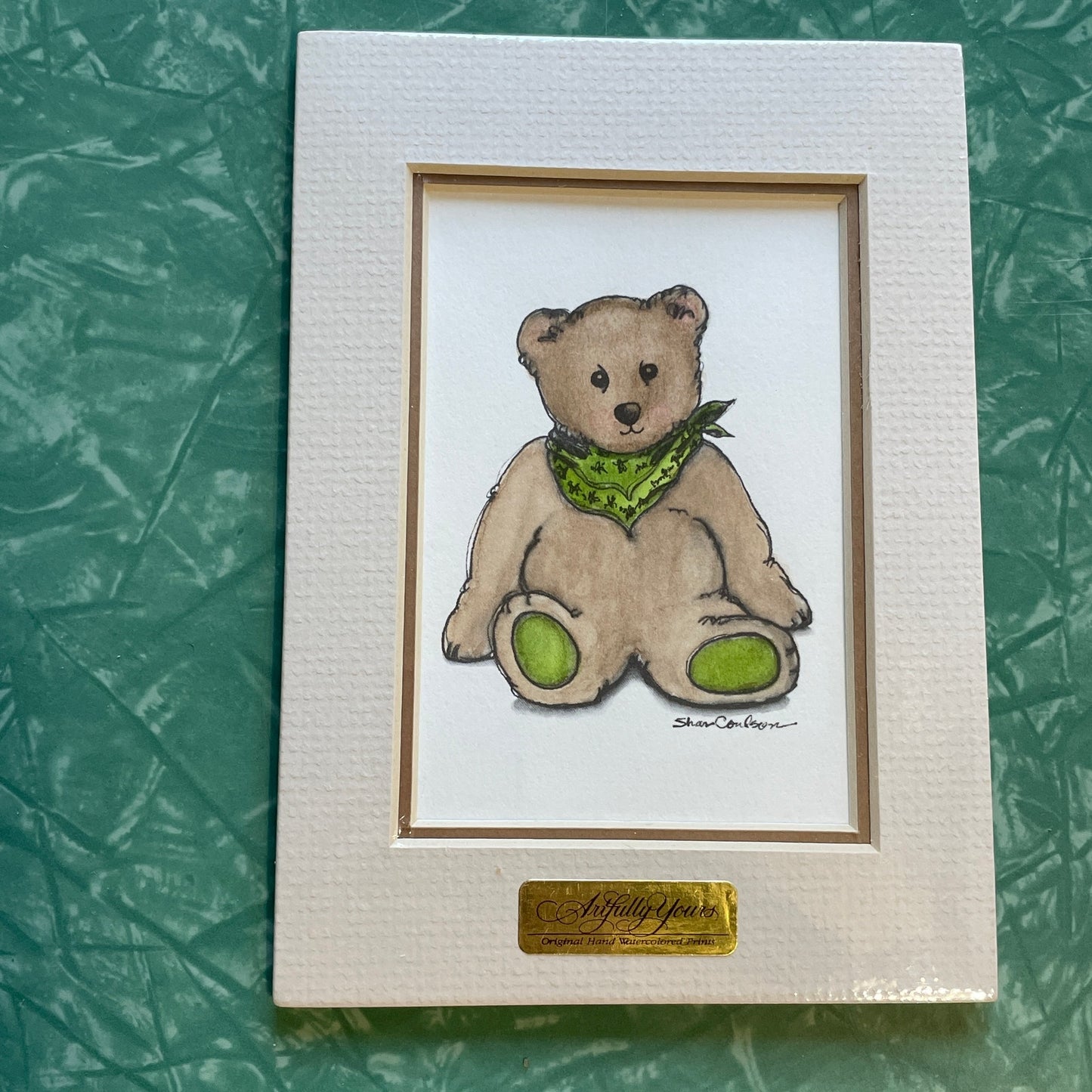 Teddy Bear Green Accents 5x7 Matted Print Hand Watercolor, Signed Shar Coulson