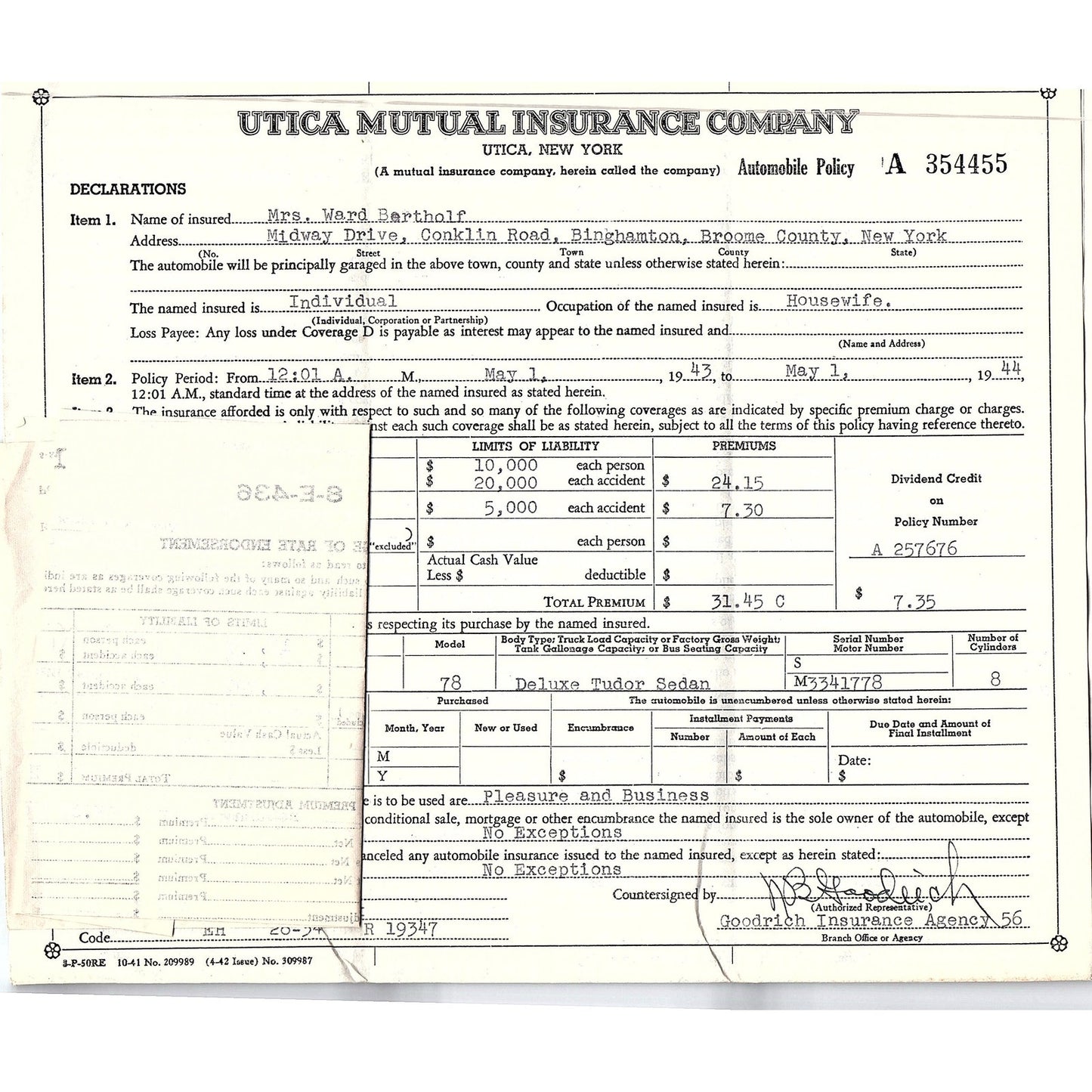 1943 Ford Deluxe Tudor Sedan Policy Mrs. Ward Bertholf Binghamton NY TH2-OP5