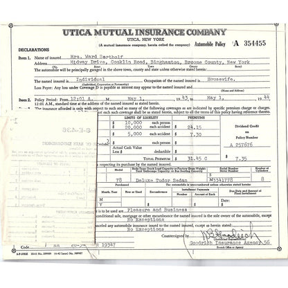 1943 Ford Deluxe Tudor Sedan Policy Mrs. Ward Bertholf Binghamton NY TH2-OP5