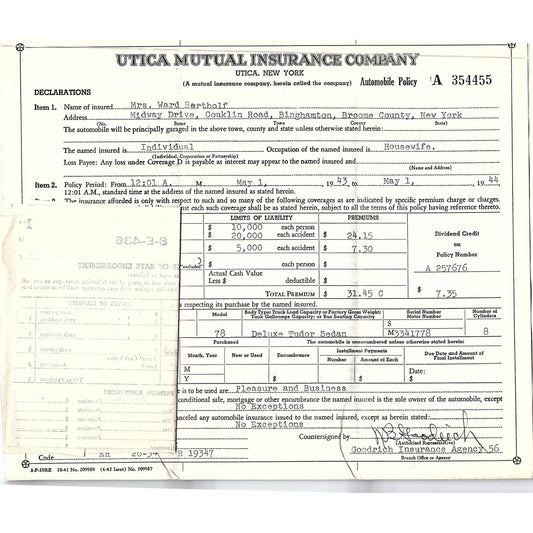 1943 Ford Deluxe Tudor Sedan Policy Mrs. Ward Bertholf Binghamton NY TH2-OP5
