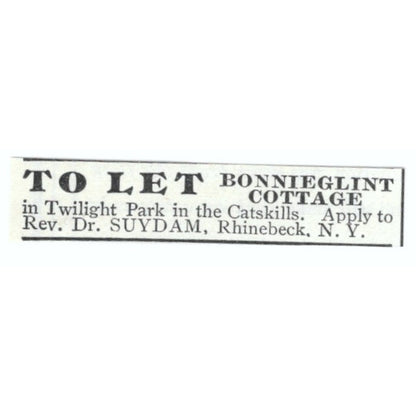 Bonnieglint Cottage Twilight Park Catskills Dr. Suydam Rhinebeck 1903 Ad AF7-SS2
