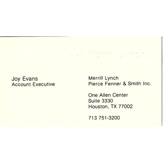 Merrill Lynch Joy Evans Account Executive Houston Texas Business Card SB4-B1