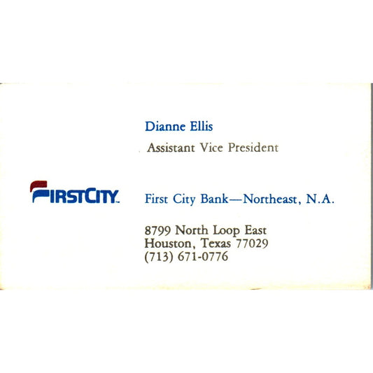 Diane Ellis First City National Bank of Houston Vintage Business Card SE3-B8