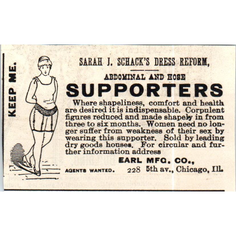 Sarah J. Schack's Dress Reform Supporters Earl Mfg Co c1890 Victorian Ad AE8-CH9