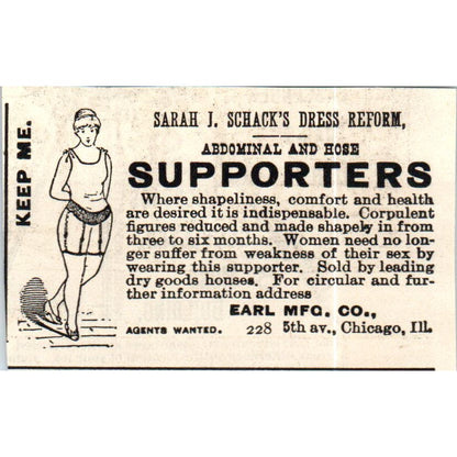 Sarah J. Schack's Dress Reform Supporters Earl Mfg Co c1890 Victorian Ad AE8-CH9