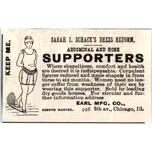 Sarah J. Schack's Dress Reform Supporters Earl Mfg Co c1890 Victorian Ad AE8-CH9