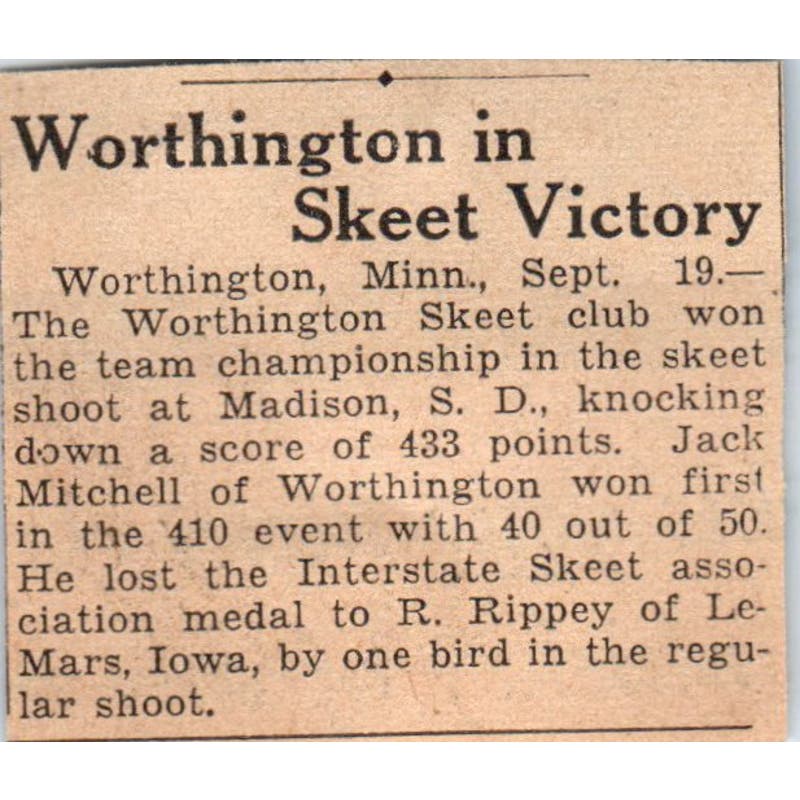 Worthington MN Skeet Victory 1935 Minneapolis Journal Article AE7-N6