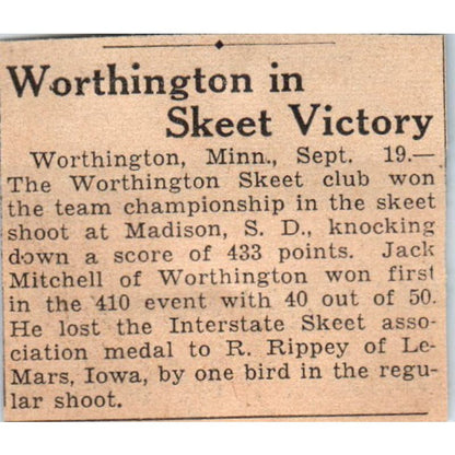 Worthington MN Skeet Victory 1935 Minneapolis Journal Article AE7-N6
