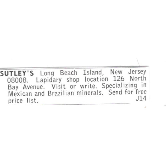 Sutley's Lapidary Shop Long Beach Island New Jersey 1972 Ad AF8-S25