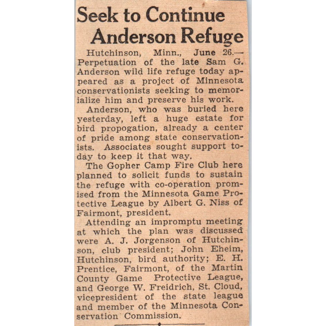 Hutchinson MN Anderson Wildlife Refuge 1935 Minneapolis Journal Article AE7-N5