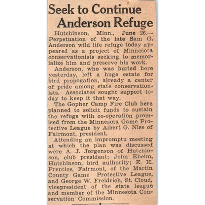 Hutchinson MN Anderson Wildlife Refuge 1935 Minneapolis Journal Article AE7-N5