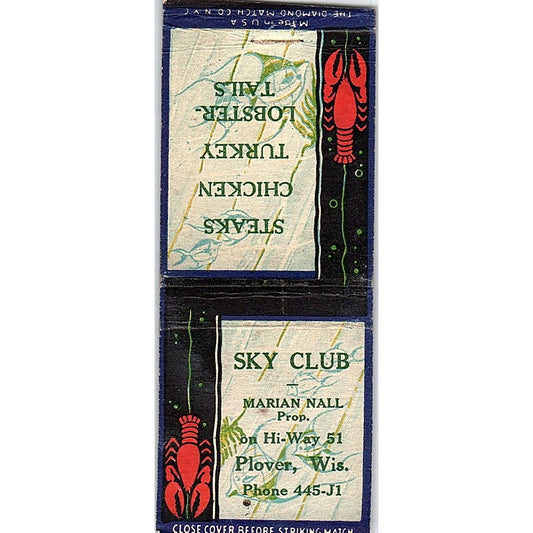 Sky Club Marian Nall Plover WI Vintage Matchbook Cover SC7-Y9