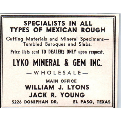 Lyko Mineral & Gem William J Lyons Jack R Young El Paso TX 1964 Ad AB6-M1