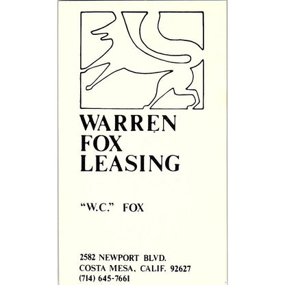 Warren Fox Leasing W.C. Fox Costa Mesa CA Vintage Business Card SE3-B14