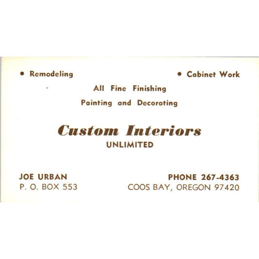 Joe Urban Custom Interiors Unlimited Coos Bay OR Vintage Business Card SD8-B14