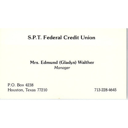 Edmund Gladys Walther S.P.T. Federal Credit Union Houston Business Card SD9-B4
