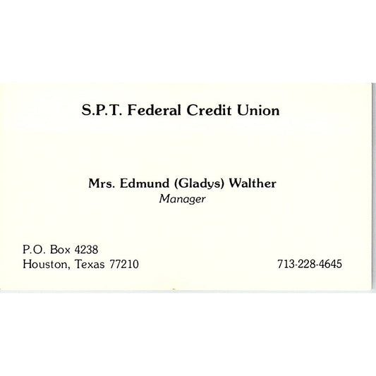Edmund Gladys Walther S.P.T. Federal Credit Union Houston Business Card SD9-B4