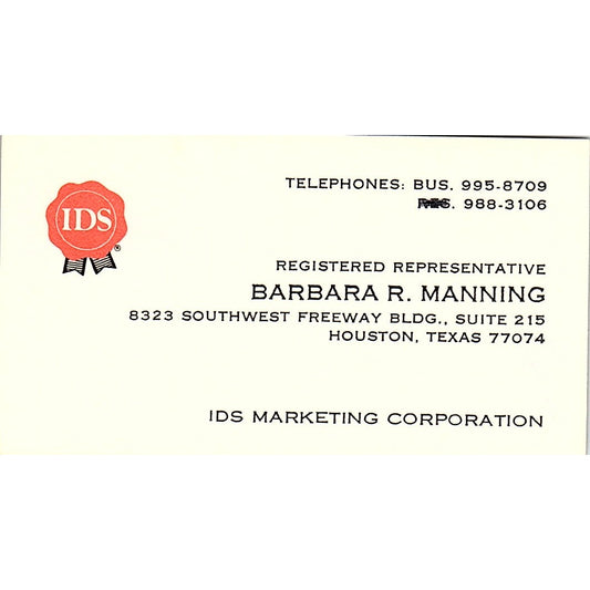 Barbara R Manning IDS Marketing Corporation Houston Texas Business Card SF3-B6