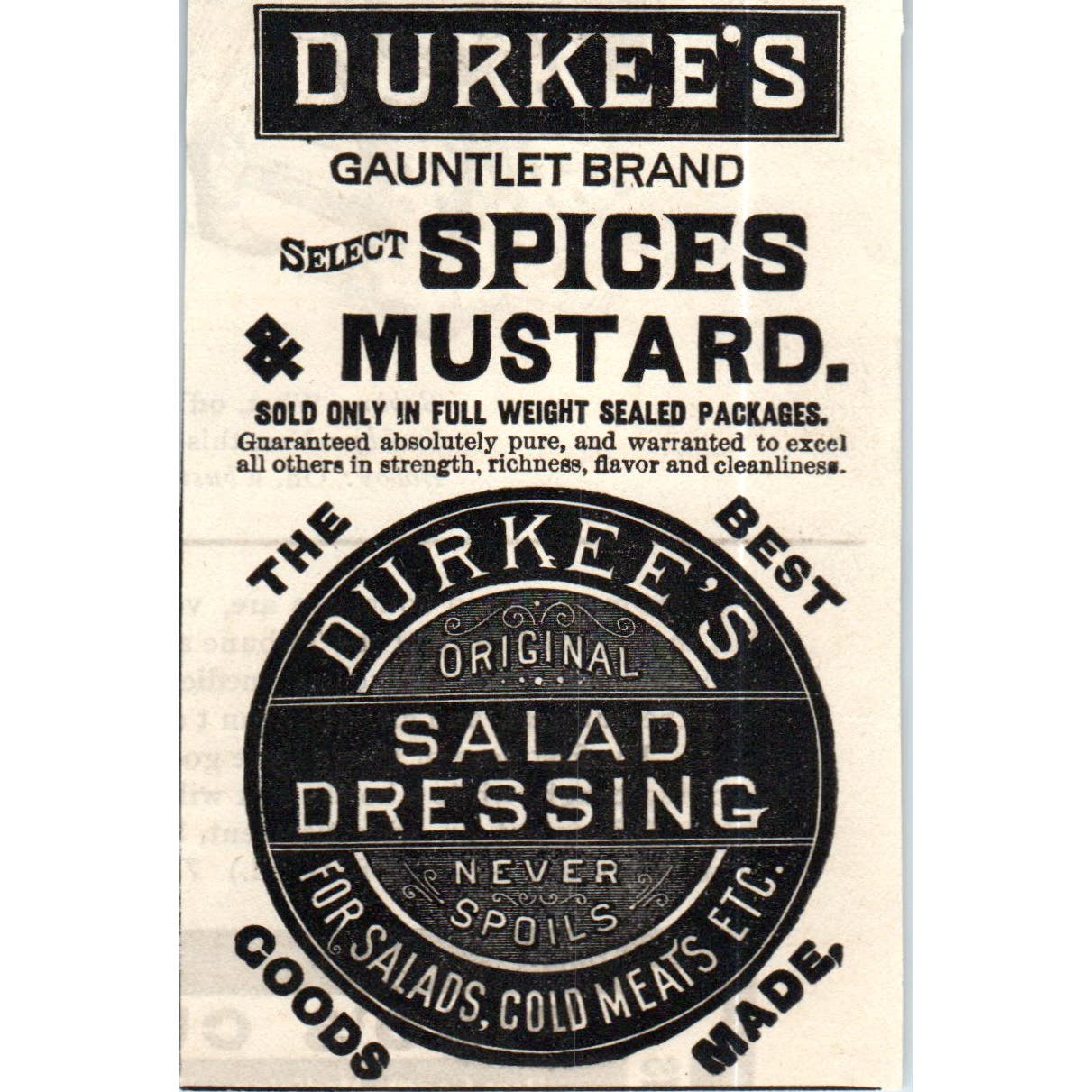 Durkee's Gauntlet Brand Spices & Mustard c1890 Victorian Ad AE8-CH6
