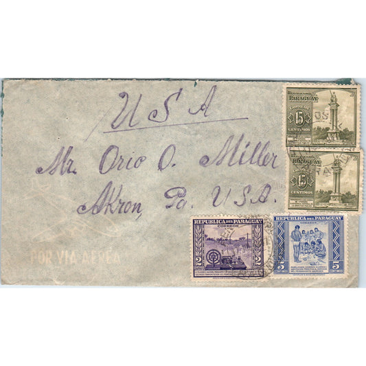 1940s Paraguay to Akron PA Orio O. Miller Postal Cover TI5-PC1