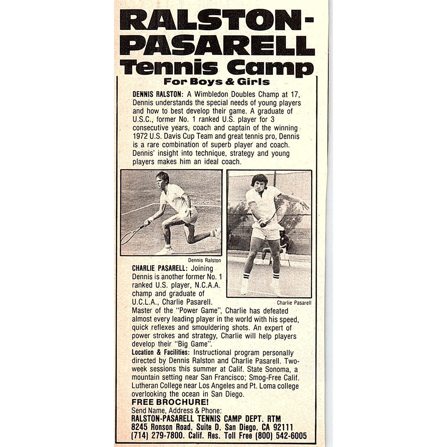 Dennis Ralston - Charlie Pasarell Tennis Camp San Diego CA 1977 Ad AF3-Q1