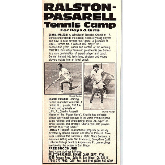 Dennis Ralston - Charlie Pasarell Tennis Camp San Diego CA 1977 Ad AF3-Q1
