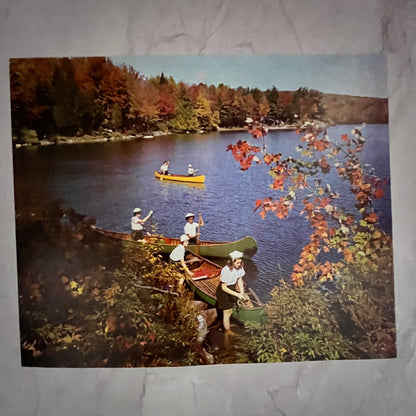 1973 Retro Kitsch Autumn Canoeing Lake Scene 8x10" Art Print V23