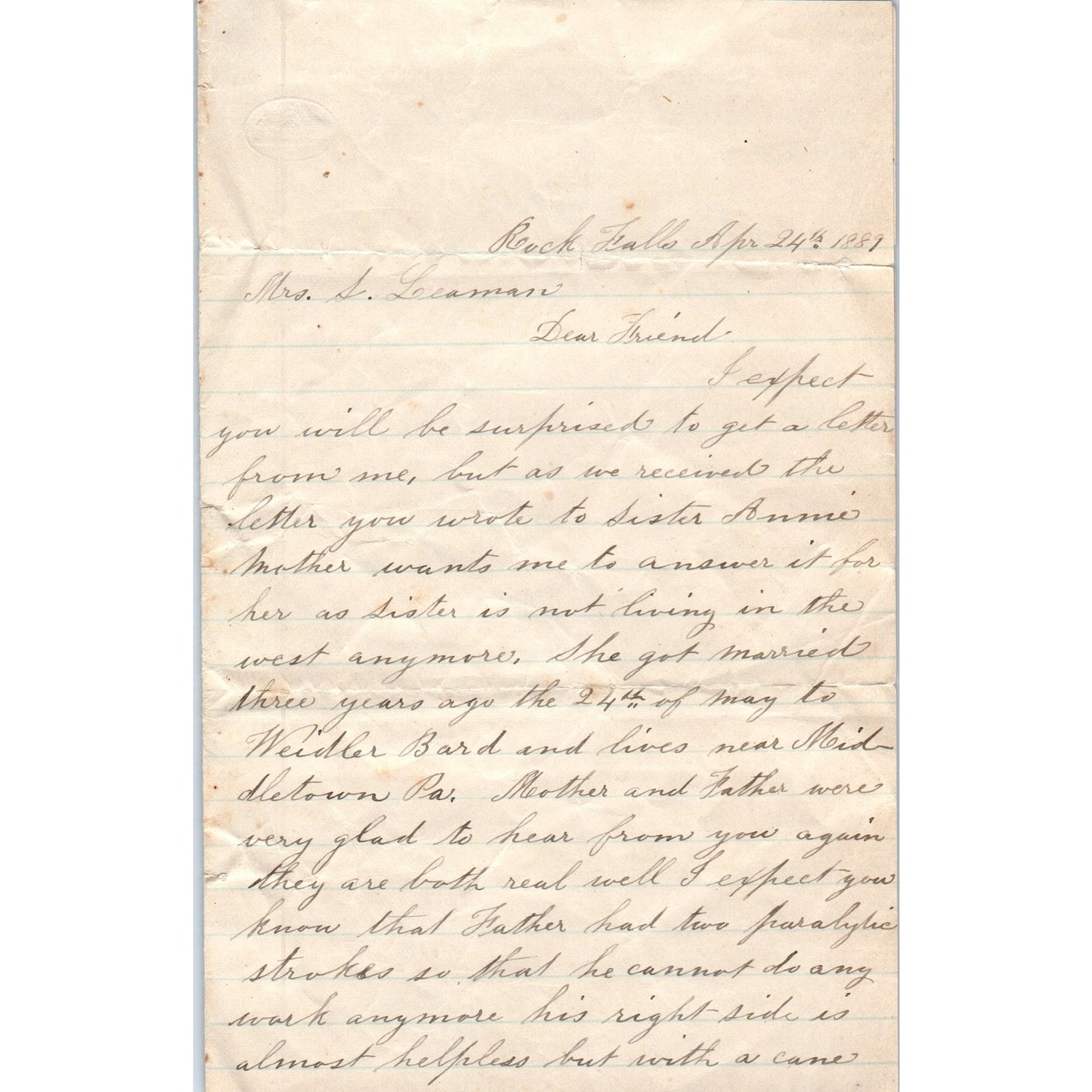 1889 Handwritten Letter Melinda Landis Rock Falls D23