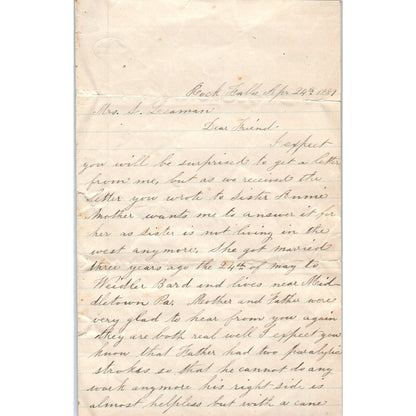 1889 Handwritten Letter Melinda Landis Rock Falls D23