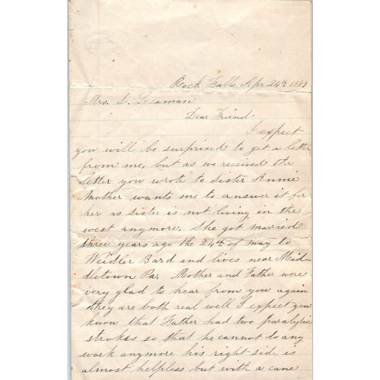 1889 Handwritten Letter Melinda Landis Rock Falls D23