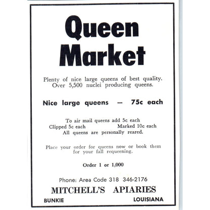 Queen Bees Mitchell's Apiaries Bunkie Louisiana 1964 Magazine Ad AB6-LB