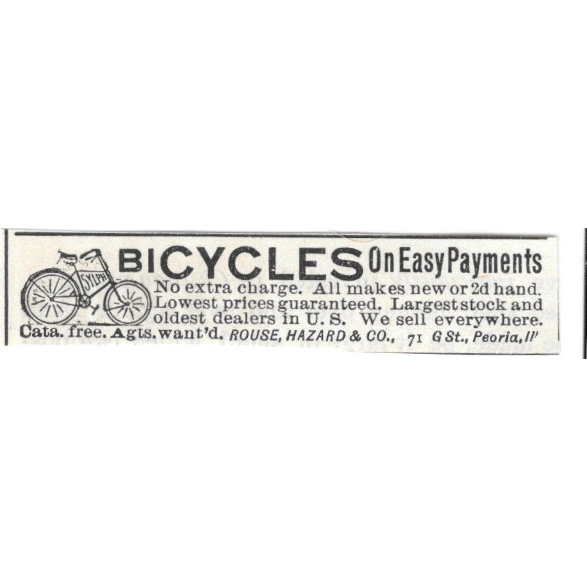 Bicycles on Easy Payments Rouse, Hazard & Co Peoria IL 1892 Ad AG2-S23