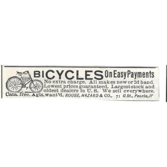 Bicycles on Easy Payments Rouse, Hazard & Co Peoria IL 1892 Ad AG2-S23