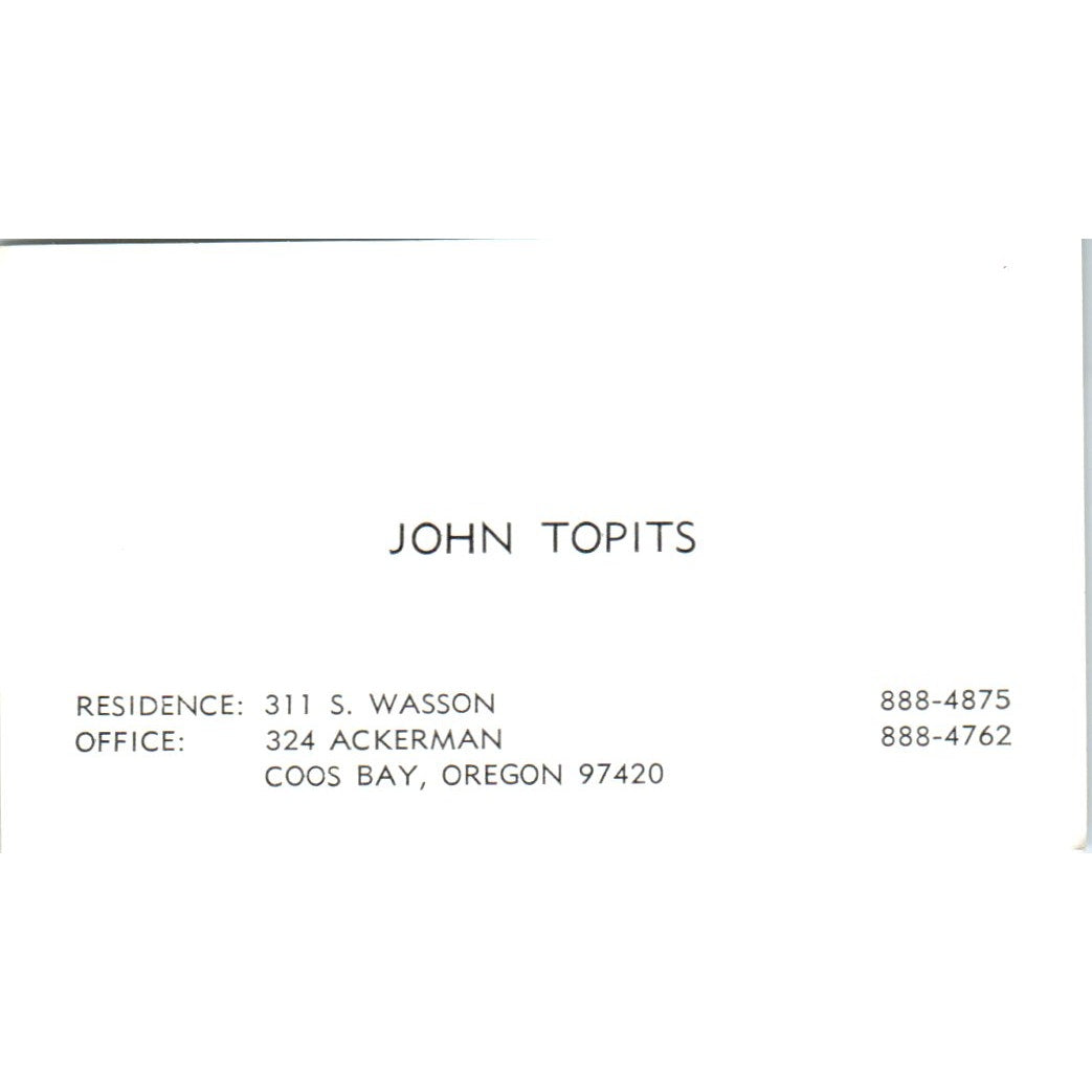 John Topits Coos Bay Oregon Vintage Business Card SD8-B16